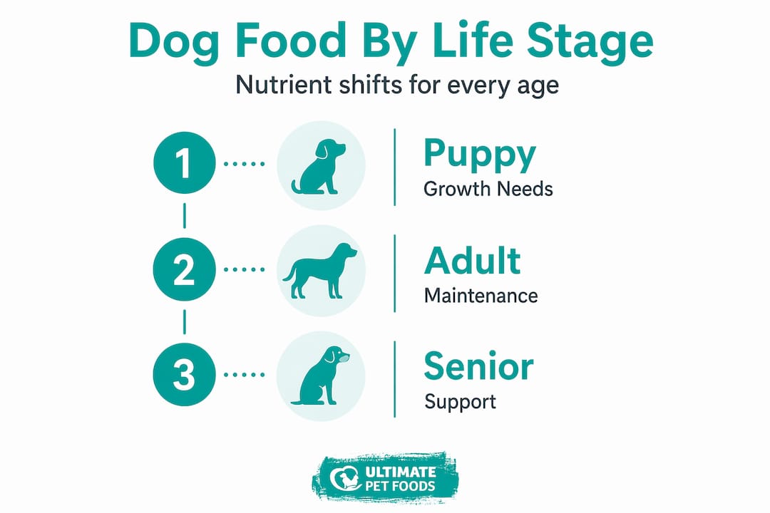 Infographic: dog food by life stage with nutrient focus