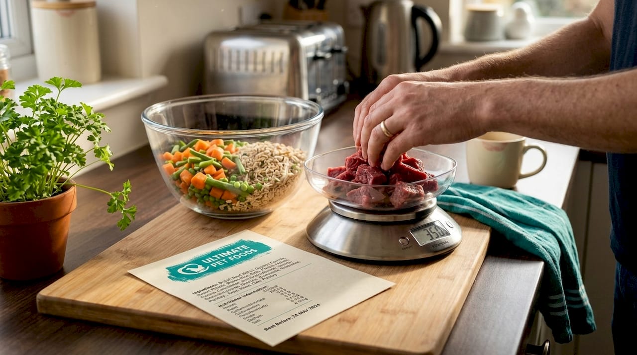 Preparing and weighing fresh dog food ingredients in kitchen