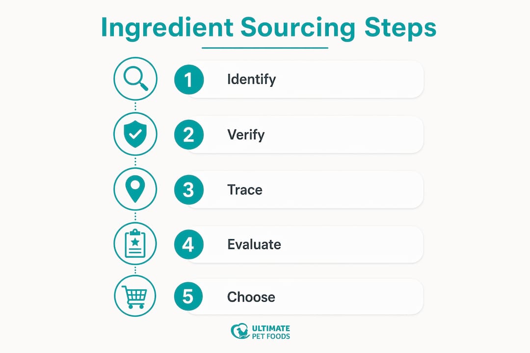 Infographic showing key steps in dog food ingredient sourcing