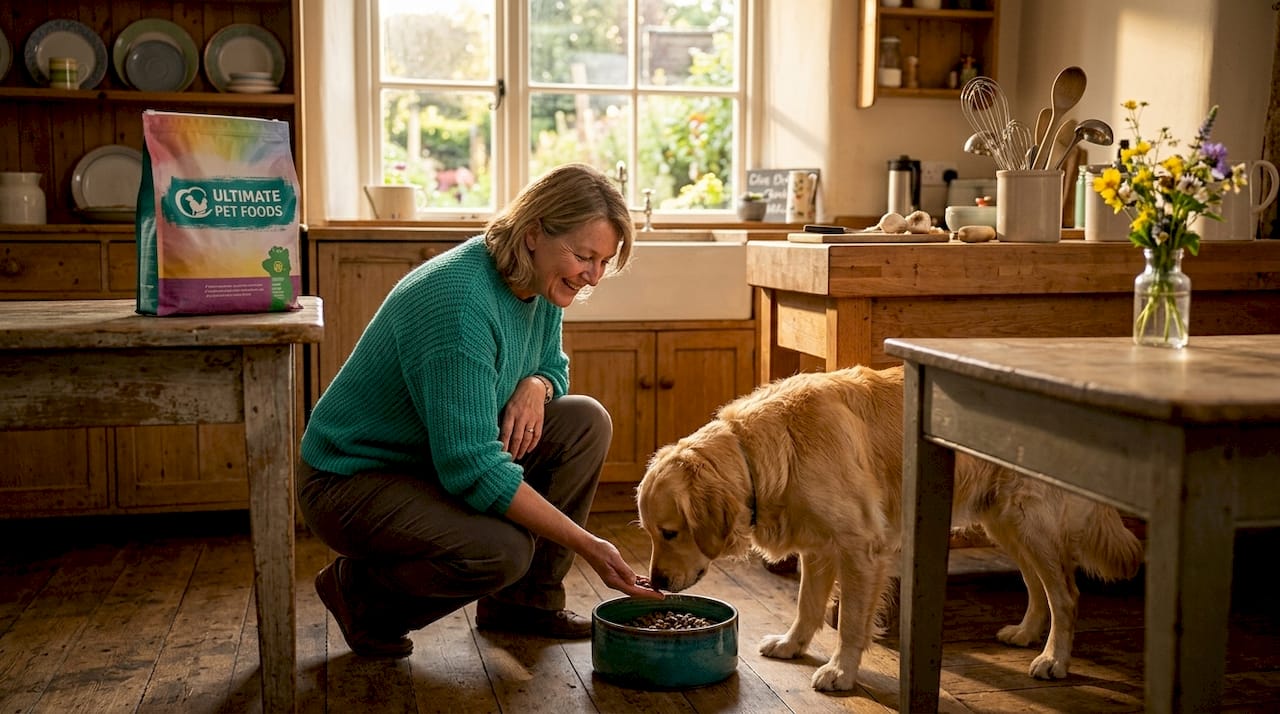 Woman feeding dry dog food to golden retriever