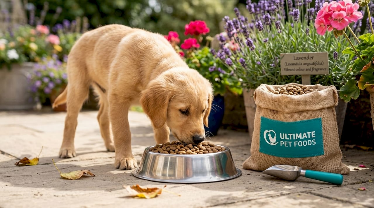Large breed puppy eating dry food from bowl