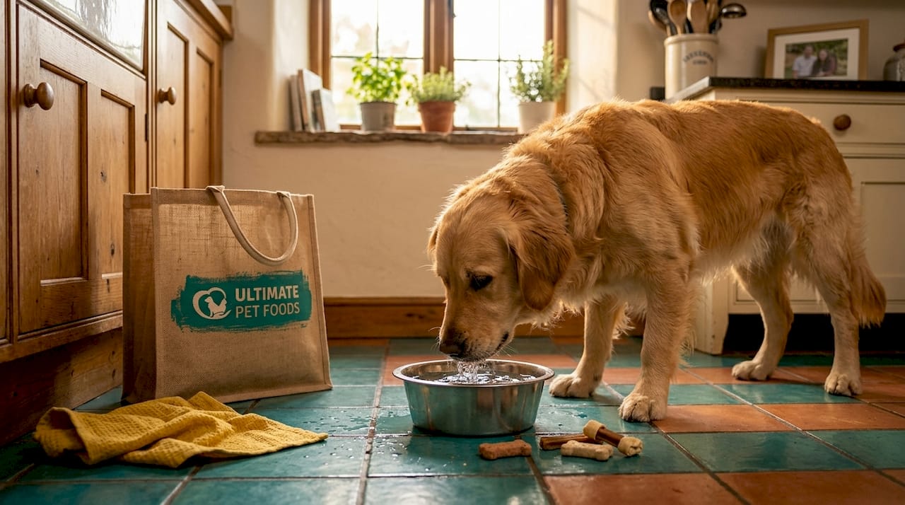 Golden retriever drinking water in kitchen