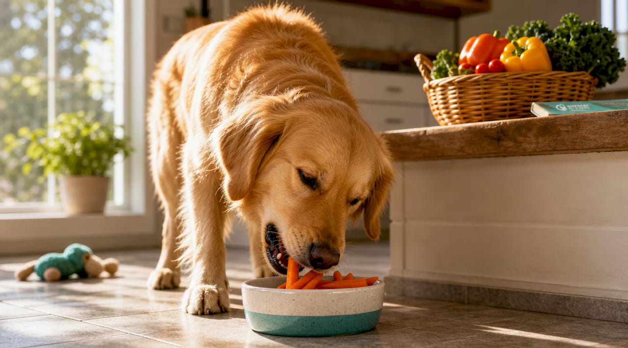 Golden retriever eating fresh carrots indoors