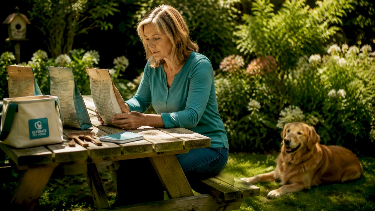 Woman reviewing chicken free dog food with her dog