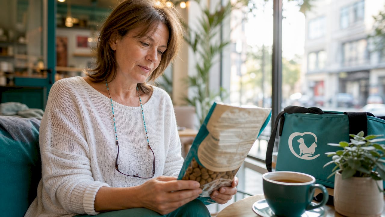 Woman reading dog treat label in kitchen