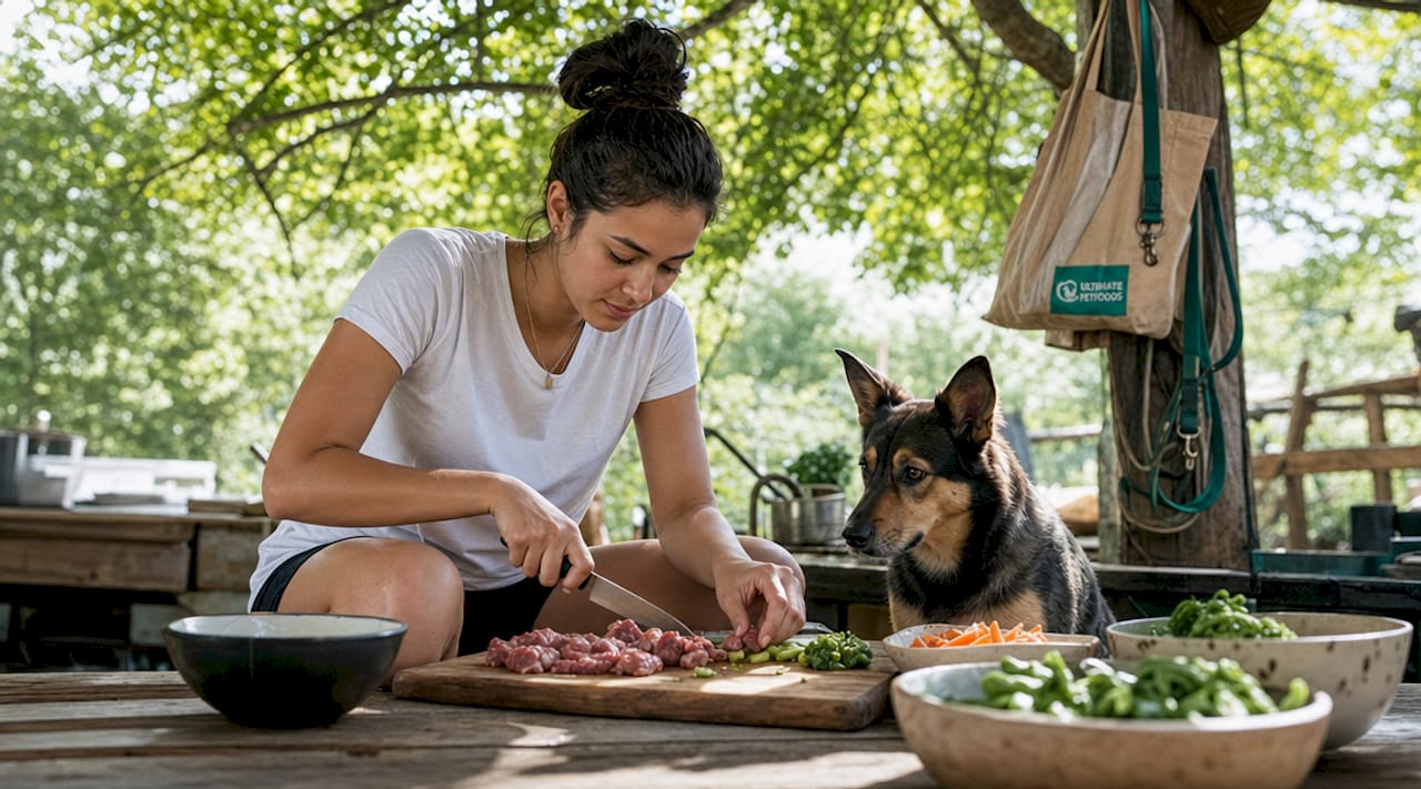 Person preparing active dog meal in kitchen
