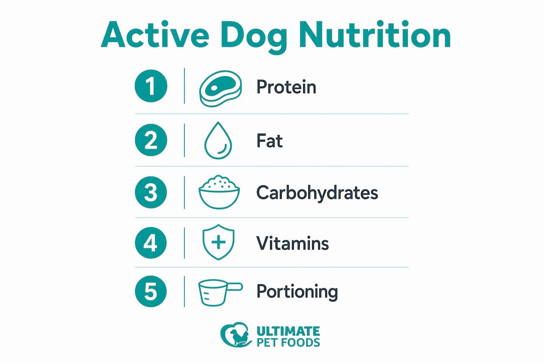Infographic showing key nutritional steps for active dogs