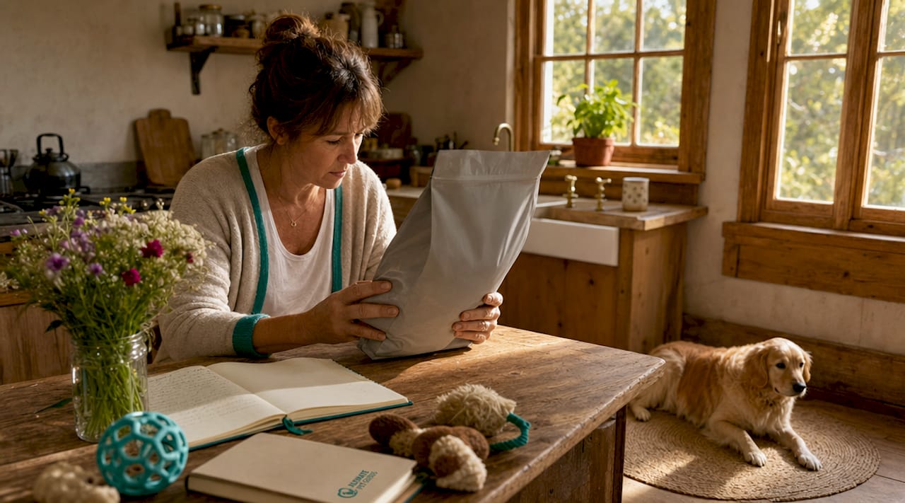 Woman reading dog food ingredients in kitchen