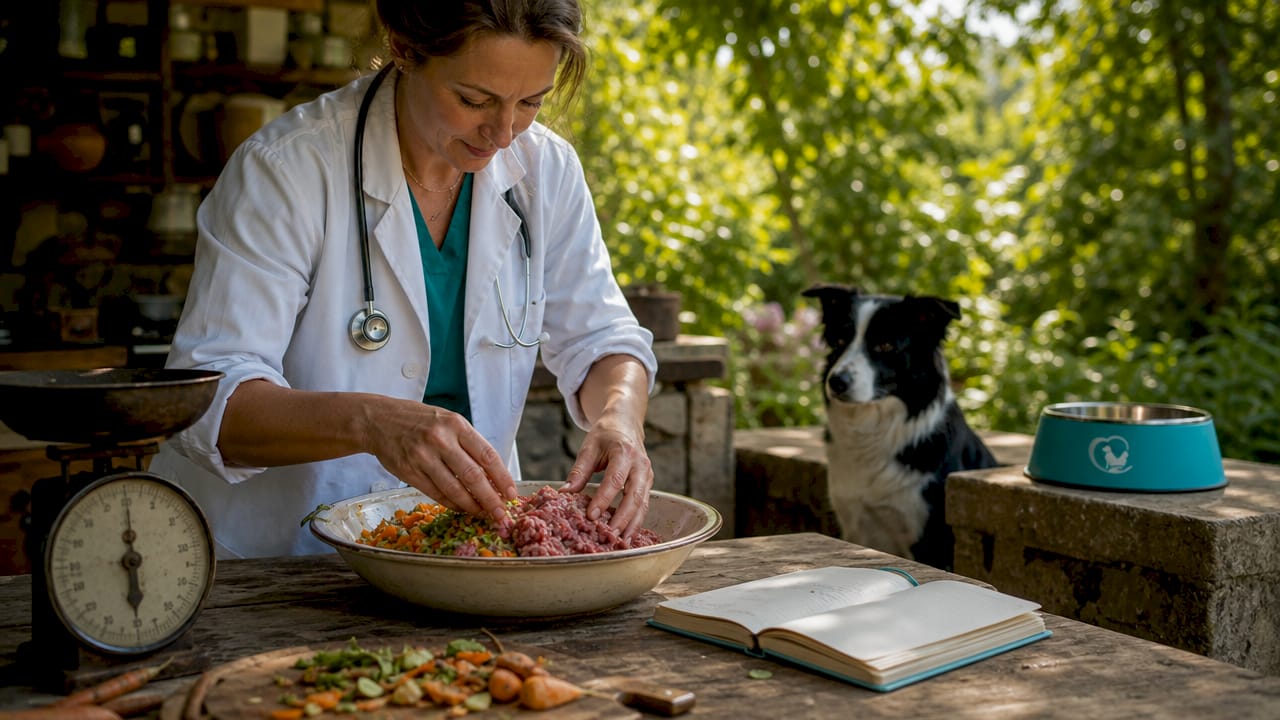 Vet preparing raw dog food in clinic kitchen