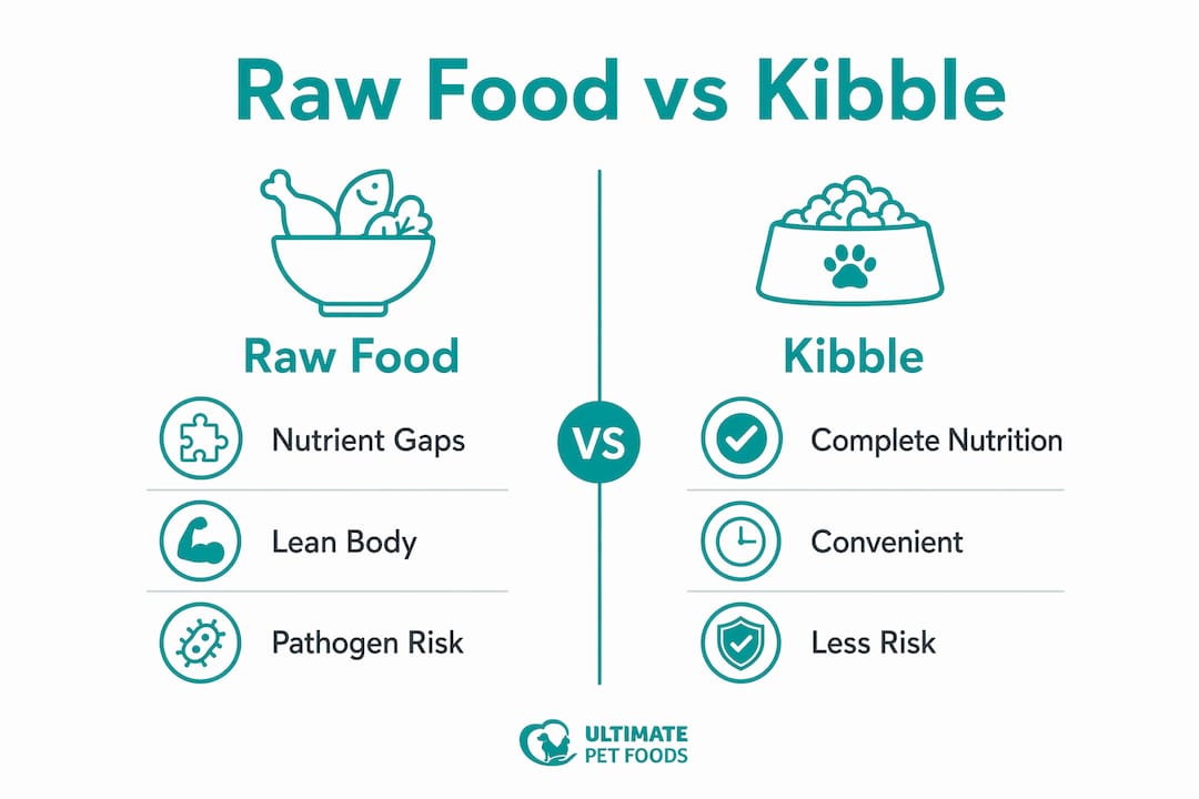 Infographic comparing raw food and kibble diets for dogs