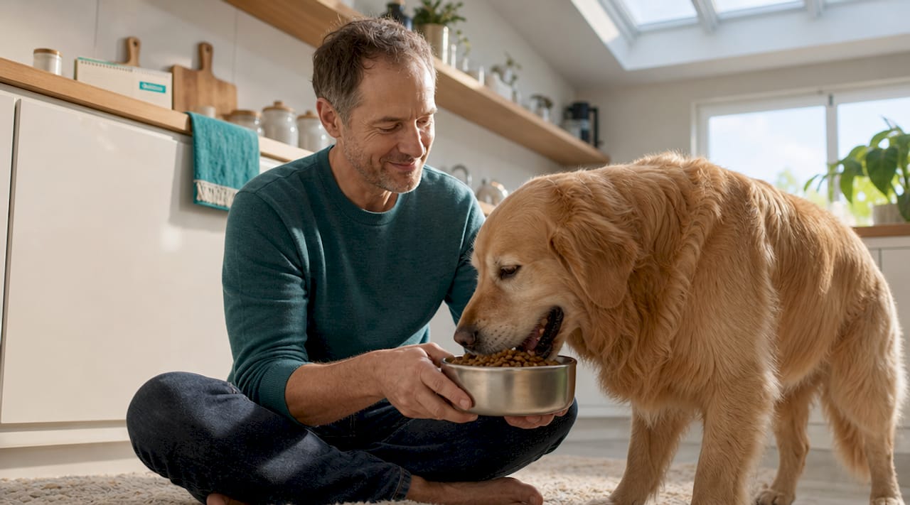 Dog owner feeding dog dental kibble in kitchen