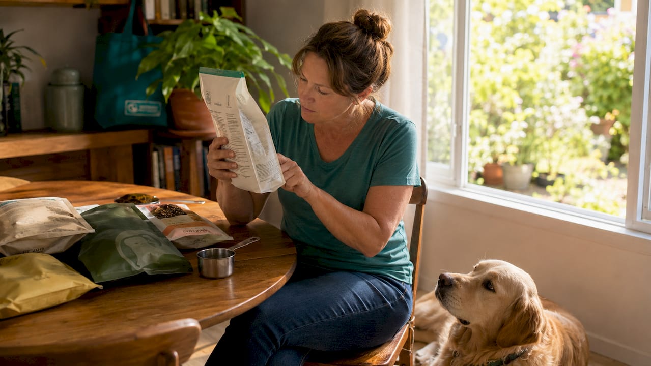Woman reading dog food label with dog