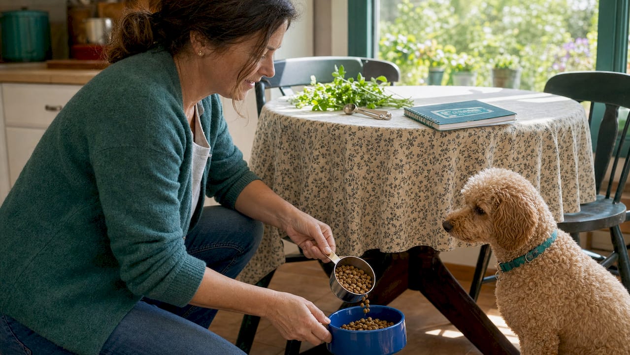 Woman measuring food for small dog