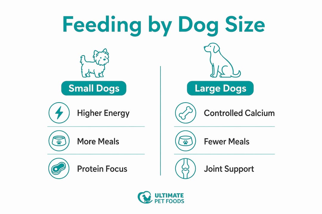 Infographic comparing feeding needs of small vs large dogs