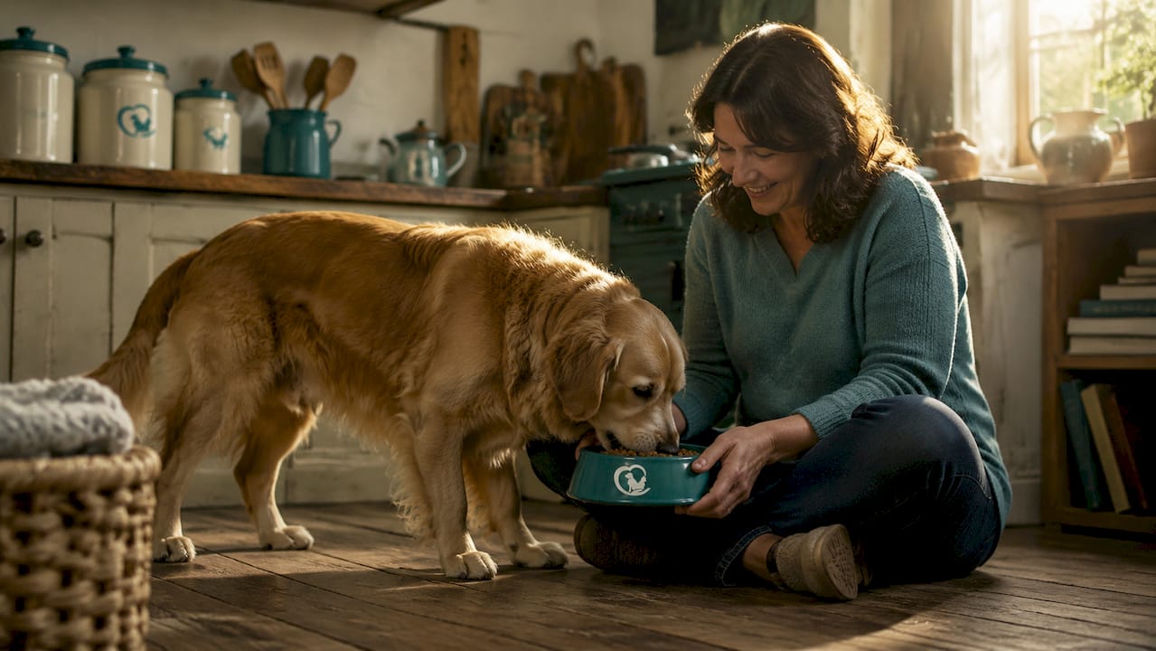 Woman feeding golden retriever grain-free food in kitchen