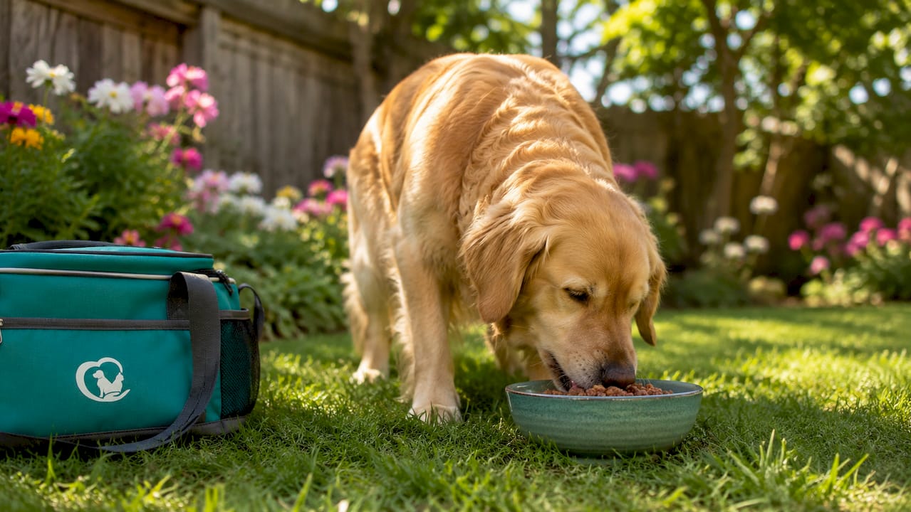 Golden retriever eating fresh dog food bowl