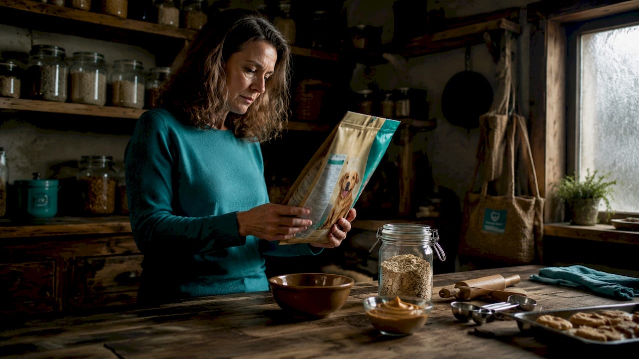 Woman reading dog food label in kitchen