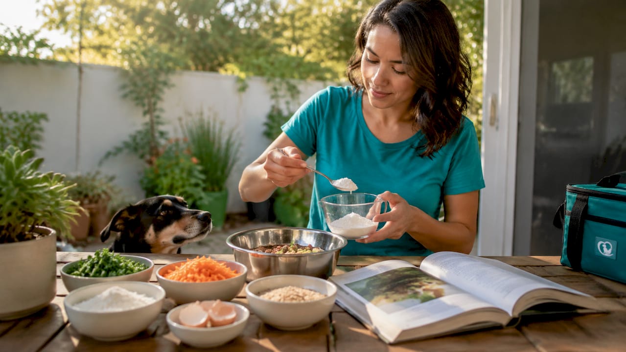 Woman preparing dog meal supplements in kitchen