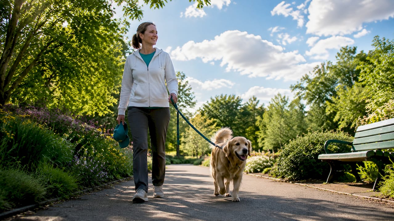 Woman walking dog on leash in park