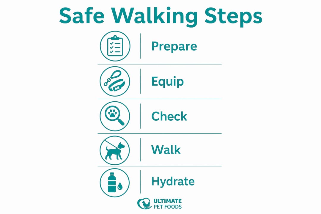Infographic showing key safe dog walking steps