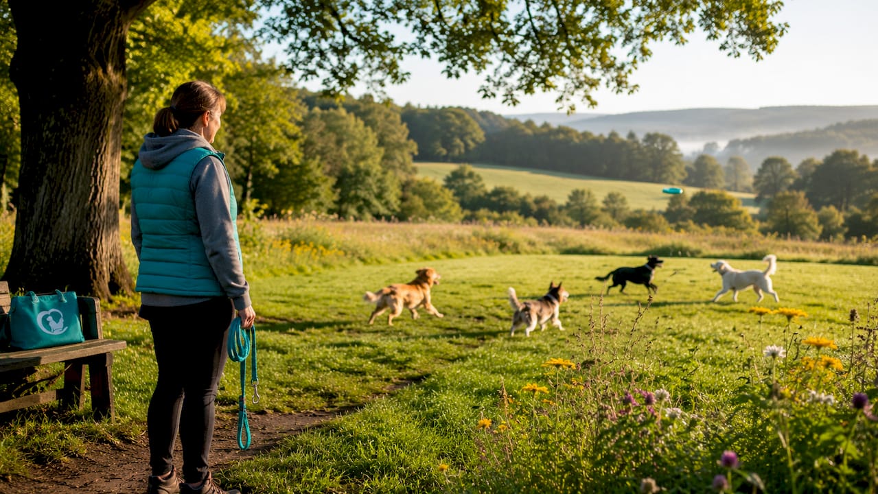Dog owner observing dogs safely in park
