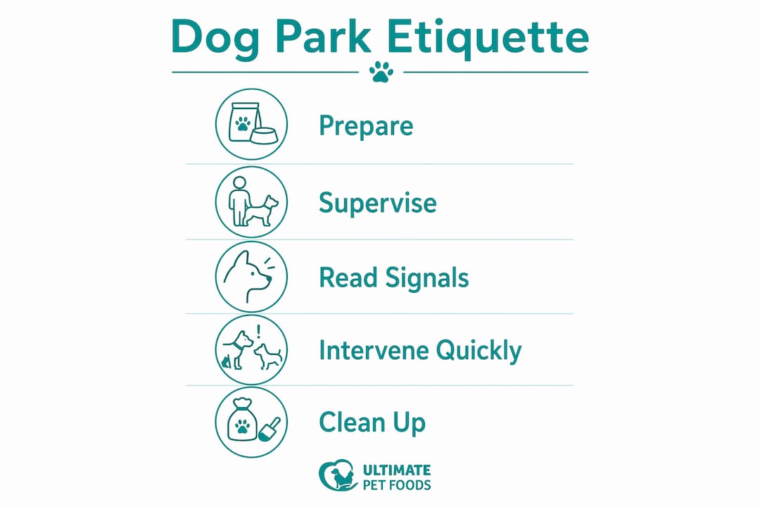 Infographic showing 5 key dog park etiquette steps