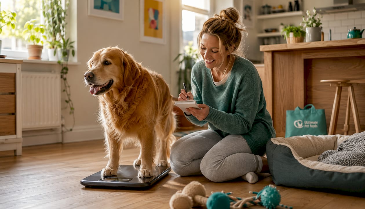 Dog owner weighing golden retriever at home