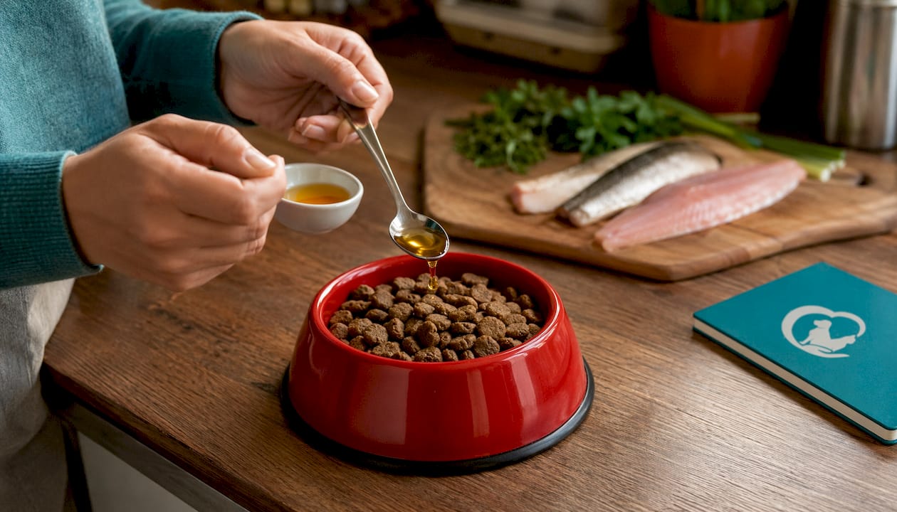 Hand holding fish oil supplement near dog food bowl
