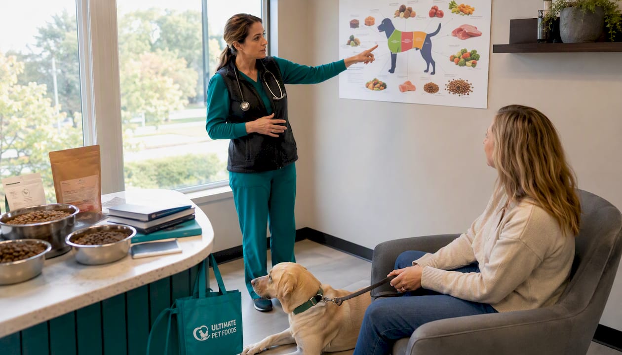 Veterinarian consulting dog owner about nutrition