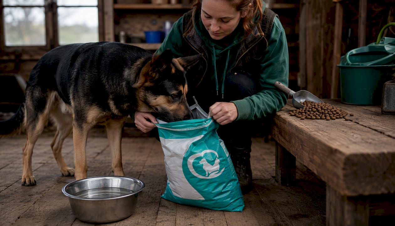 Owner opening grain-free kibble for working dog