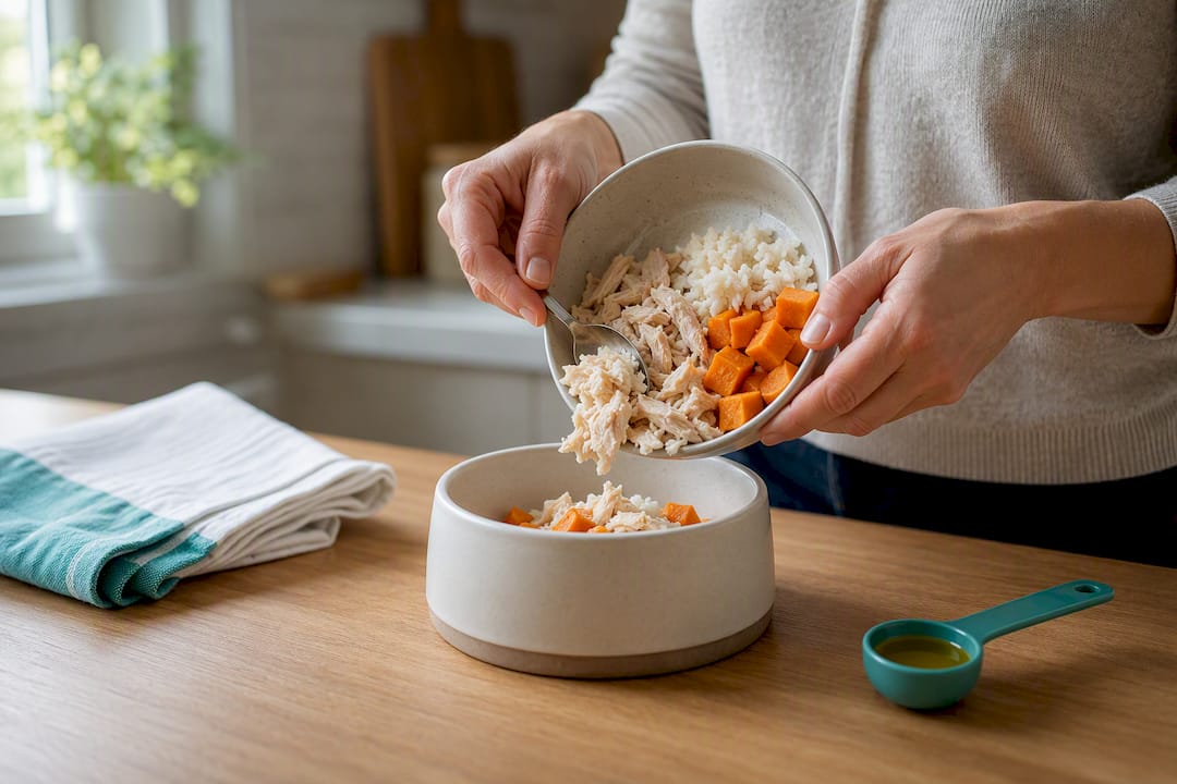 Cooked ingredients being portioned for a dog meal