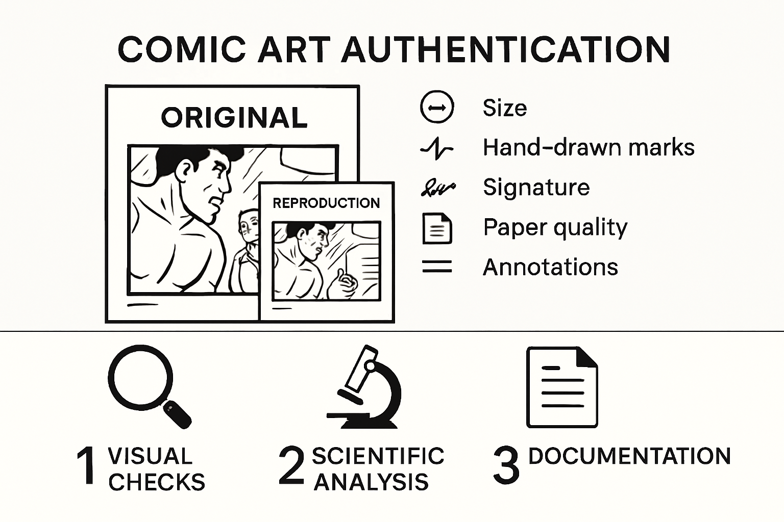 Infographic comparing traits of original and fake comic art