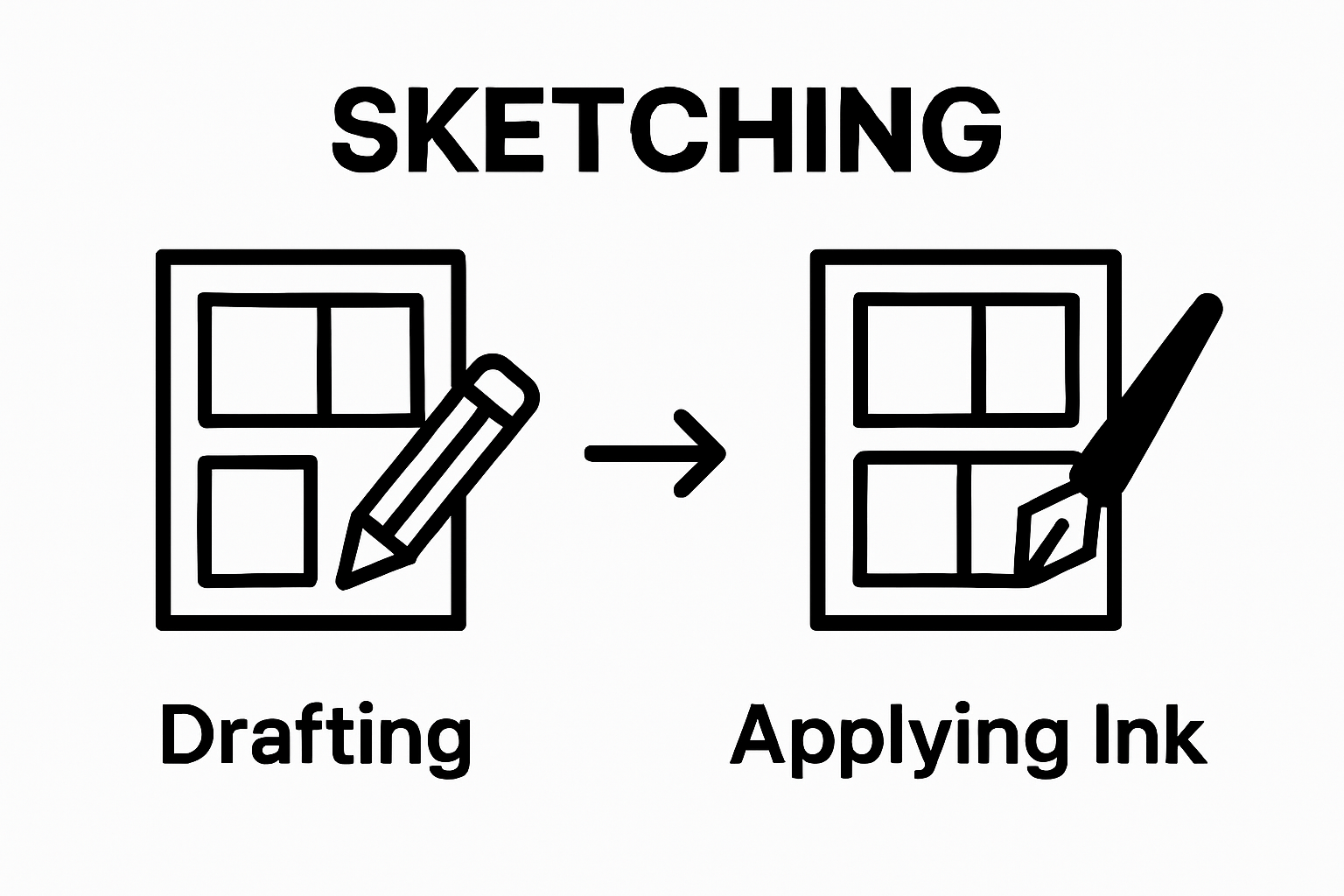 Simple infographic showing horror comic sketching then inking process
