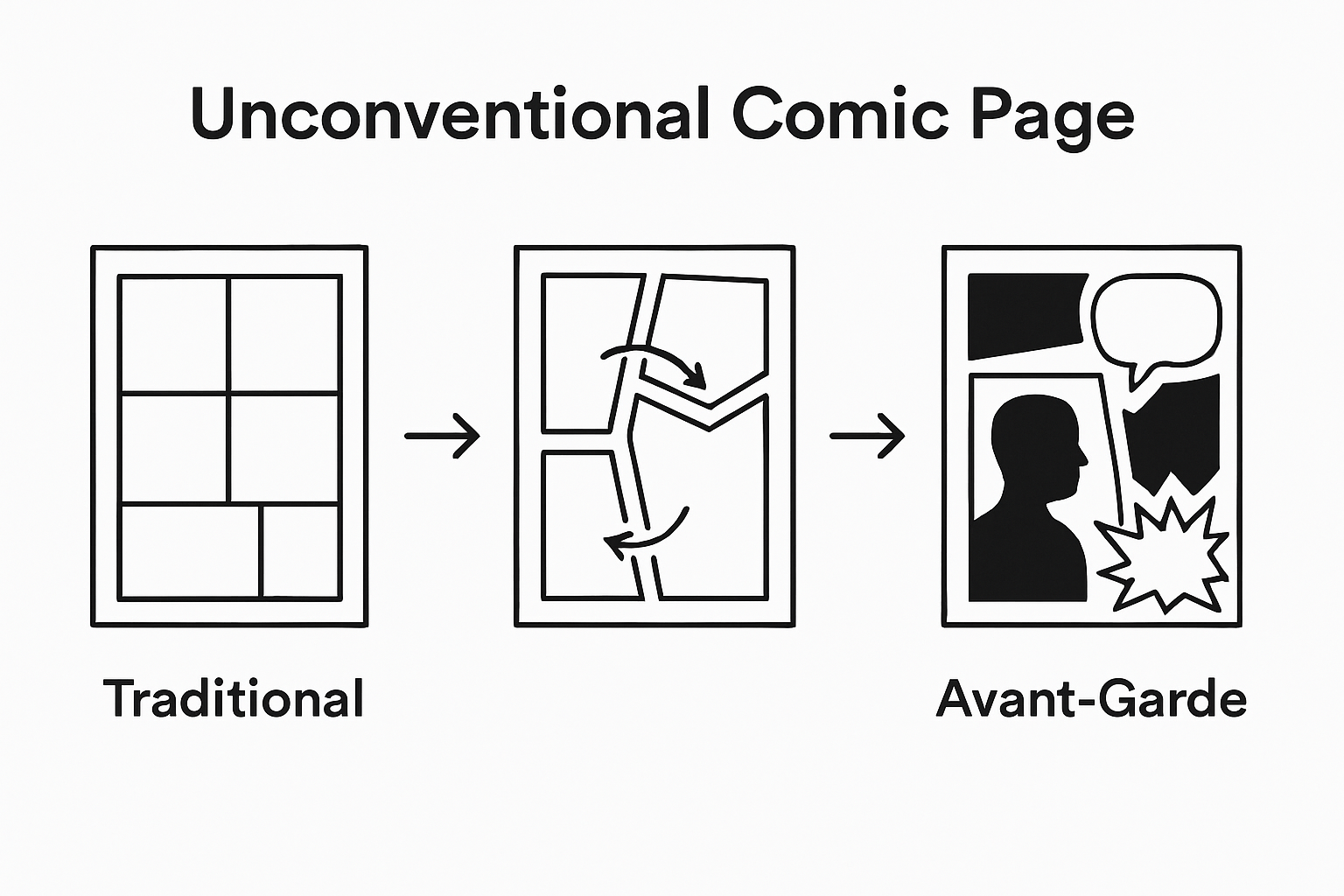 Infographic showing transition from traditional to avant-garde comic layouts