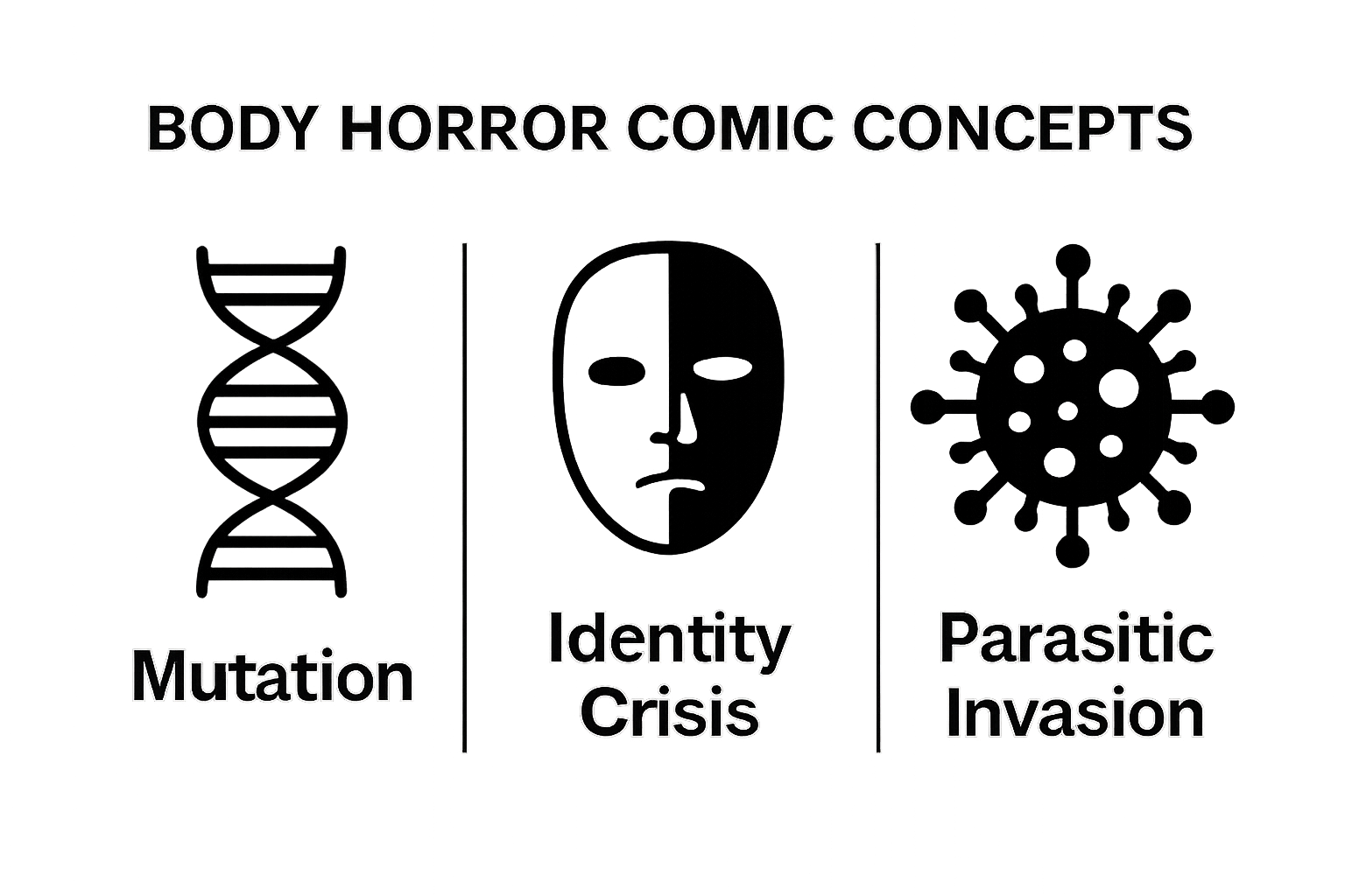 Infographic showing mutation, identity crisis, and parasitic invasion in body horror comics