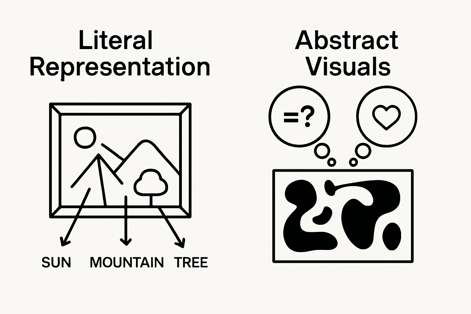 Infographic comparing literal versus abstract storytelling in art