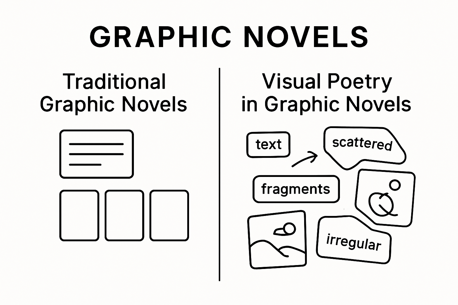 Comparison infographic: traditional vs visual poetry graphic novel layouts