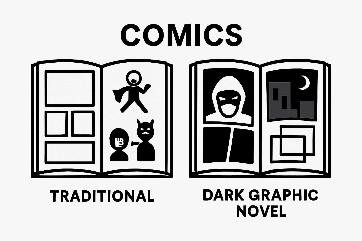 Infographic comparing traditional comics and dark graphic novels visually