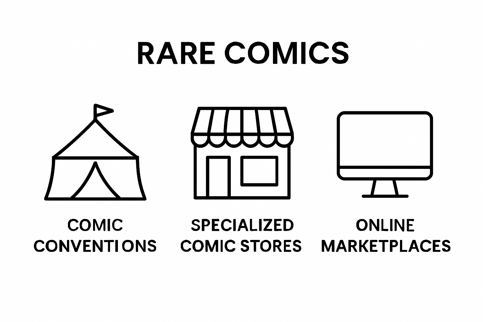 Infographic comparing comic conventions, comic stores, and online marketplaces for rare comics.
