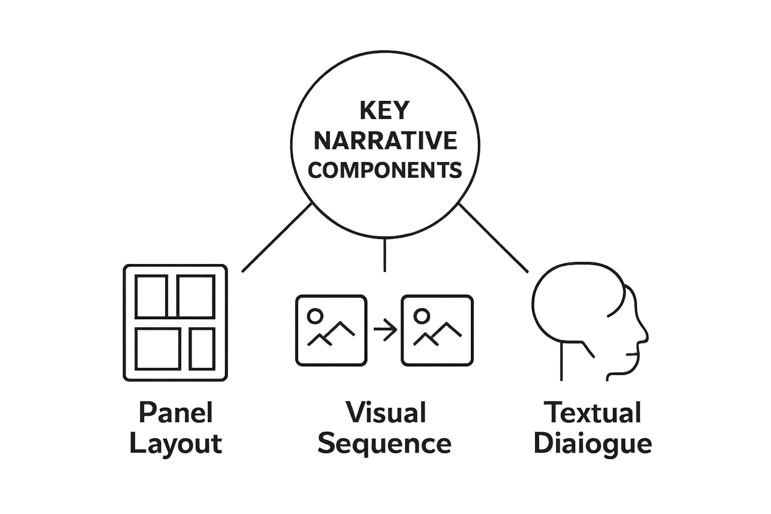 Infographic showing panel layout, visual sequence, and dialogue as key narrative components