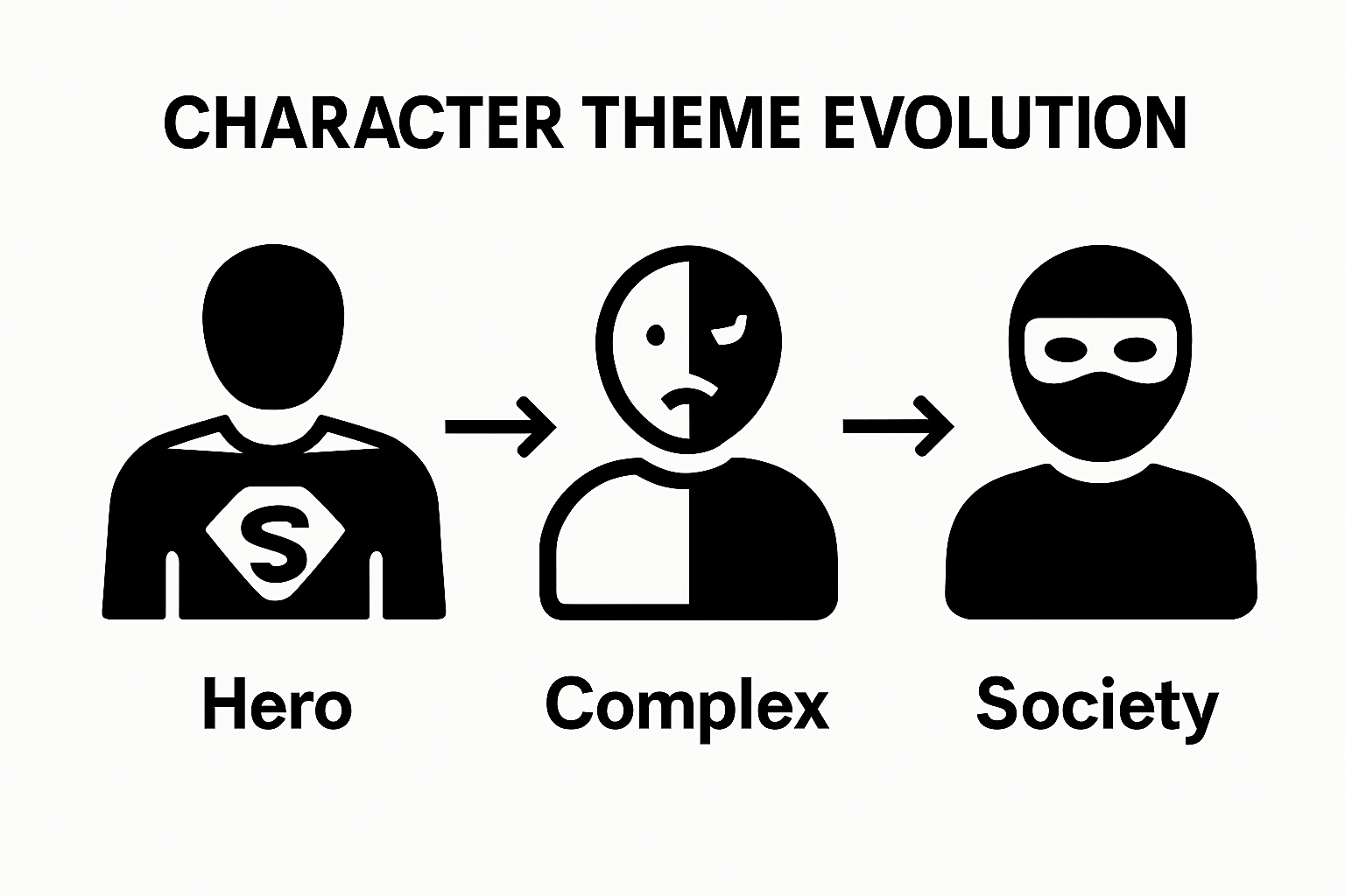 Three-panel comic-style infographic showing evolution from hero to dark and ambiguous comic character