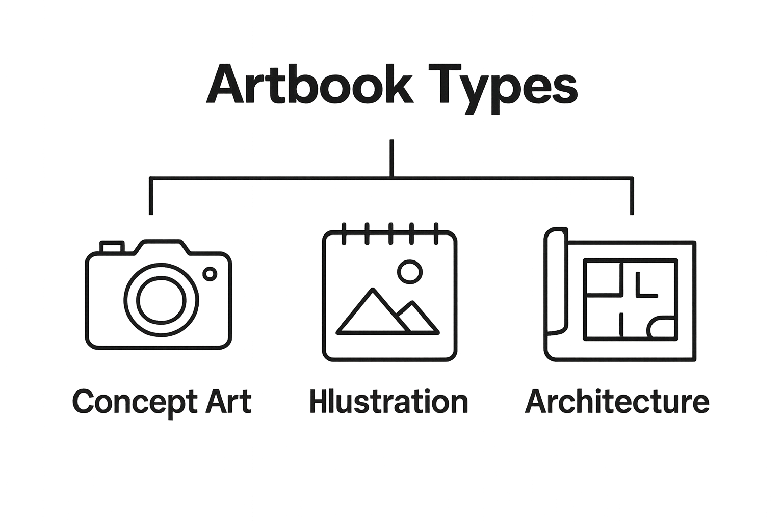 Infographic showing three core artbook types: concept art, illustration, and architecture/design.
