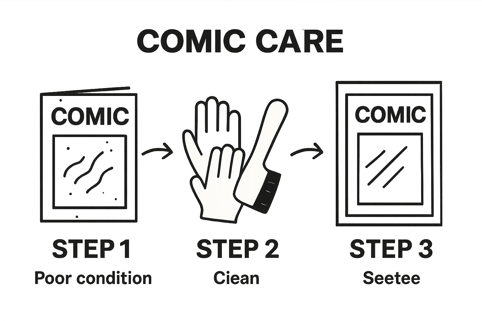 Infographic showing comic assessment, gentle cleaning, and protective sleeving steps
