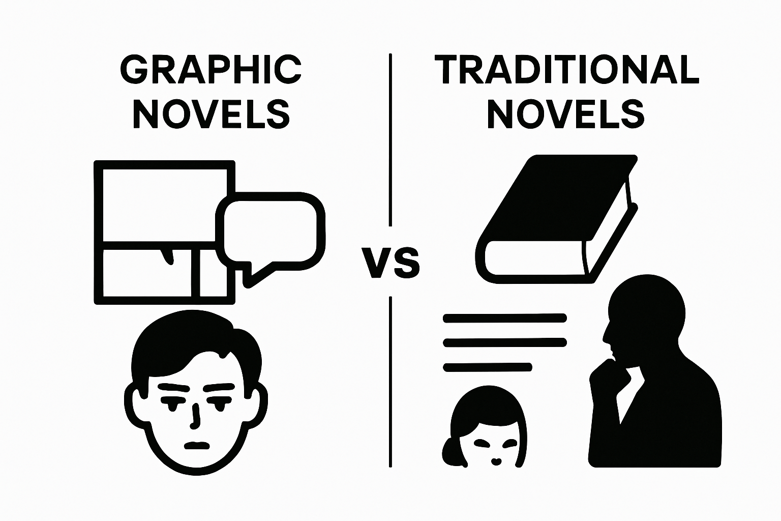 Side-by-side comparison of graphic novels and traditional novels with distinct icons