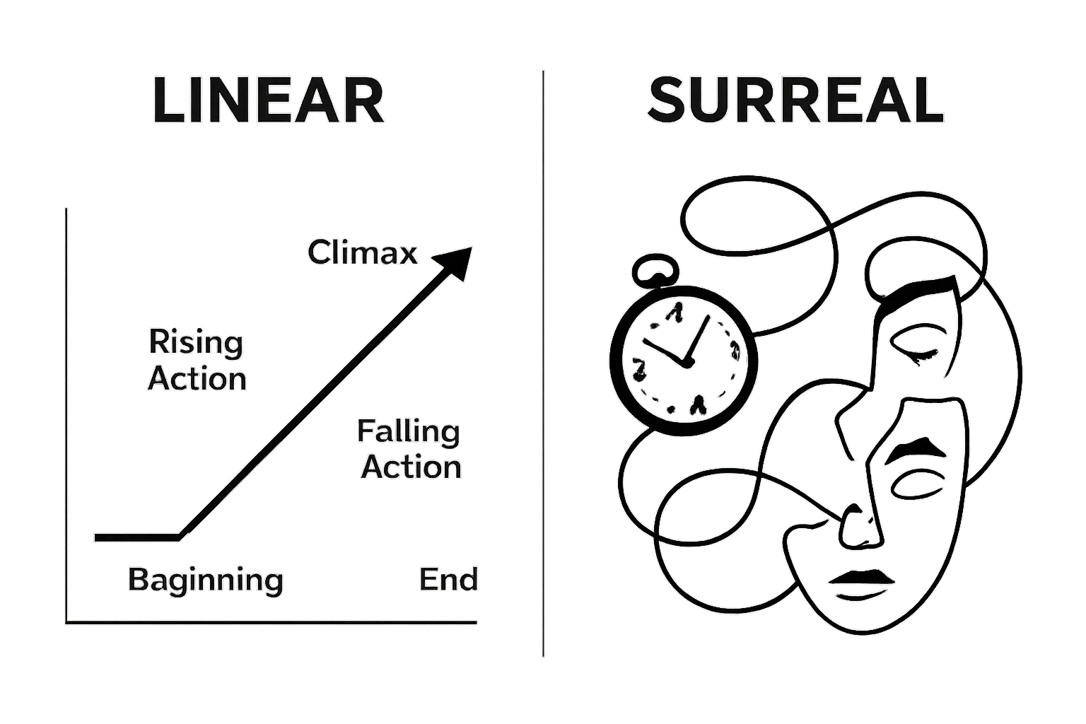 Linear vs. surrealist narrative structures illustration