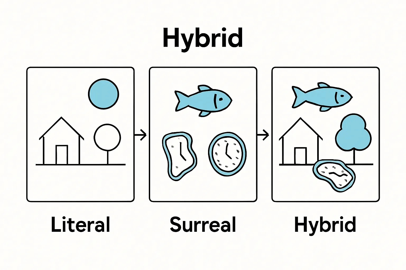 Visual comparison of literal, surreal, and hybrid storytelling panels