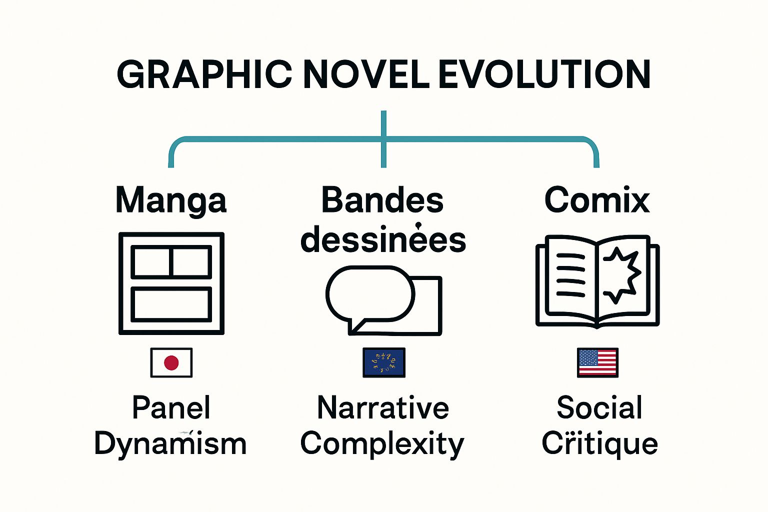 Infographic comparing manga, bandes dessinées, and comix origins