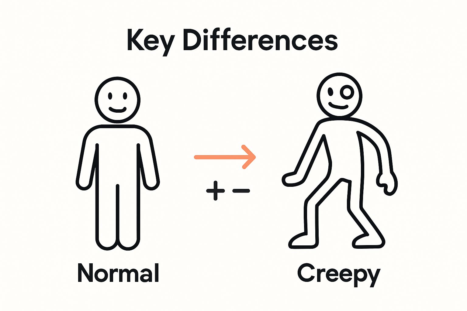 Simple infographic comparing normal and creepy comic character designs.