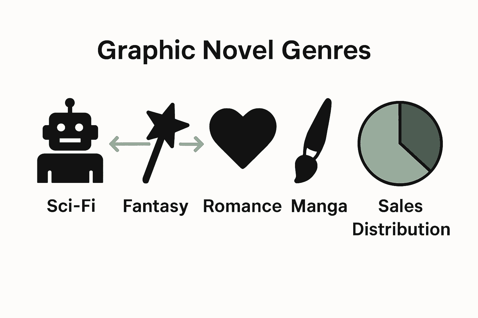 Infographic comparing graphic novel genres and styles with icons and a pie chart.