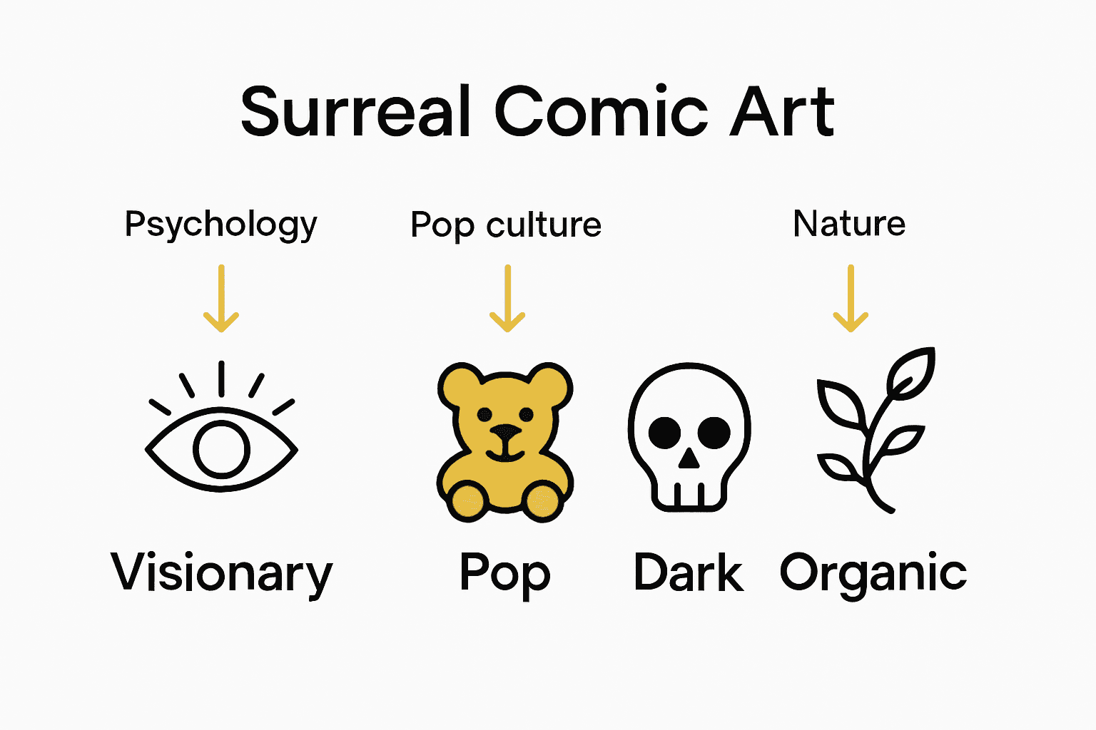Infographic comparing four major surreal comic art styles with icons and features